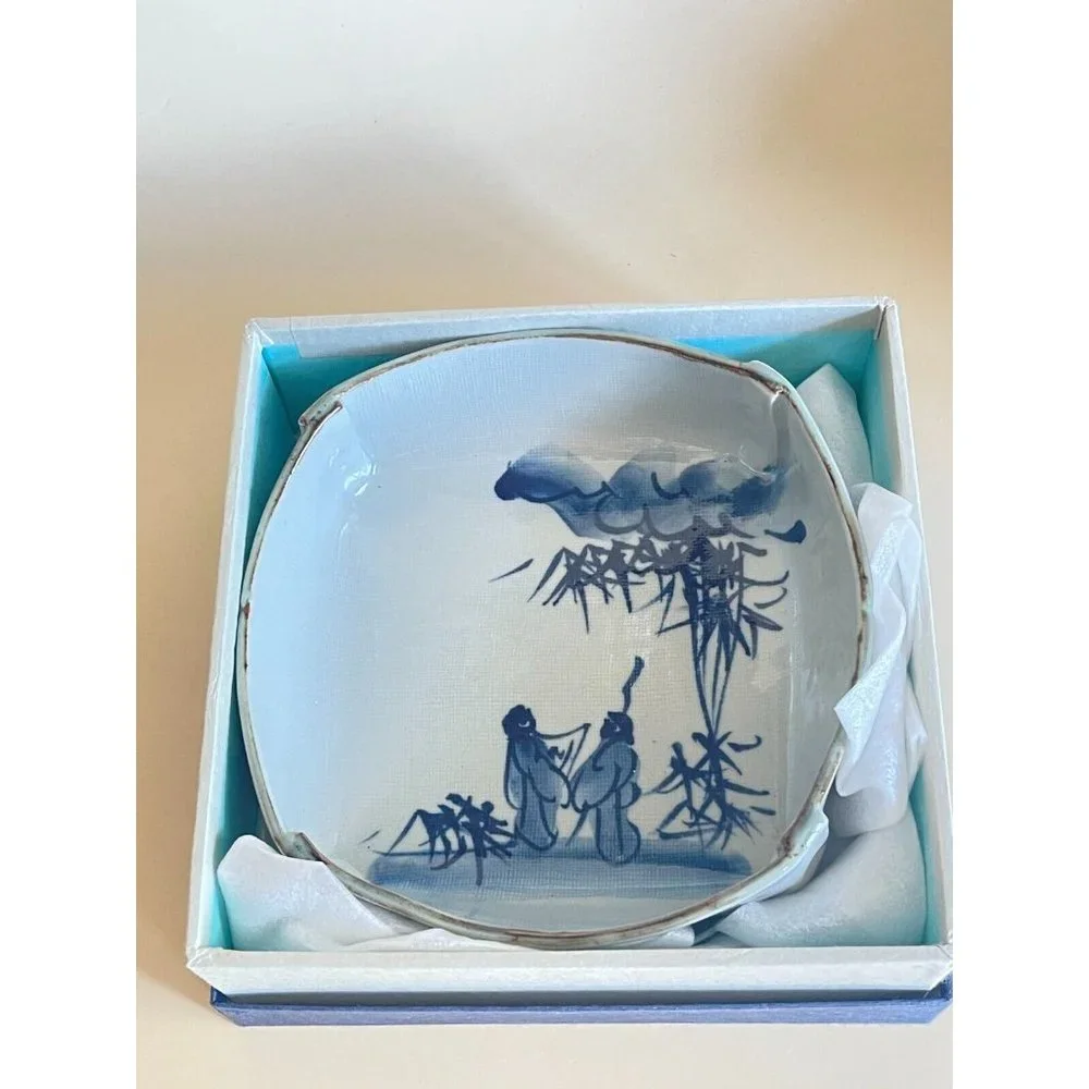 Vintage Japanese Blue White Glazed Pottery Stone Ware Bowl Boxed Signed - Picture 2 of 8